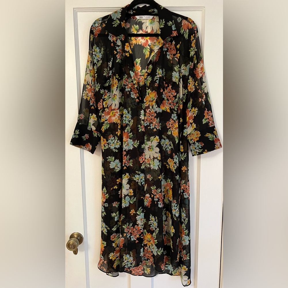Zara Sheer Floral Print Midi Shirt Dress